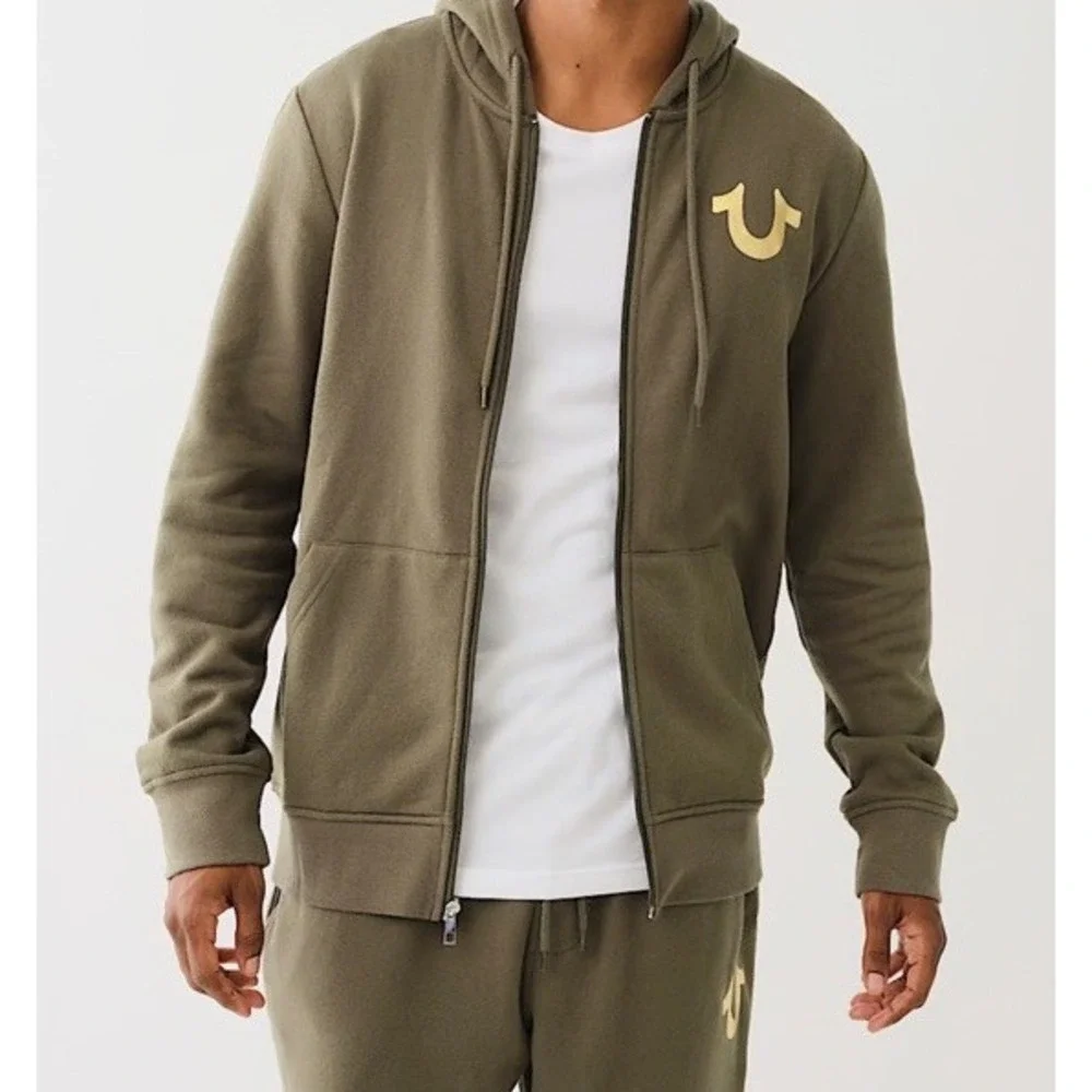 True Religion Hoodie Mens Large Green Full Zip‎ Buddha Hooded Sweatshirt NWT